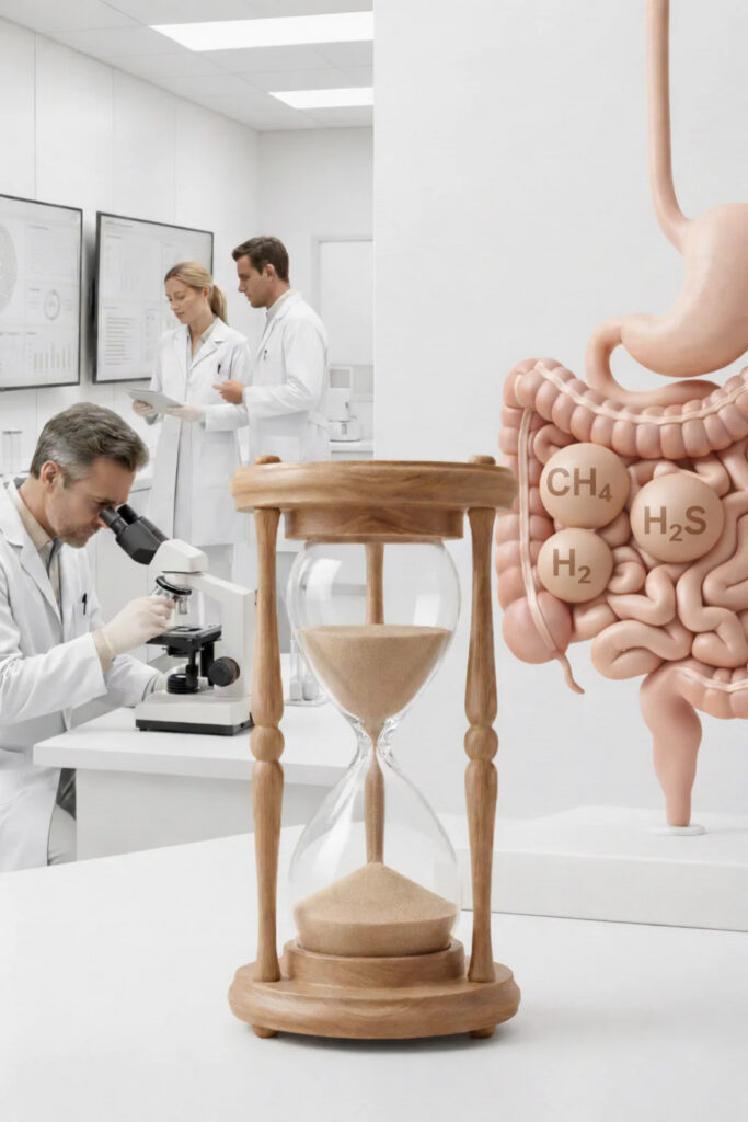 Laboratórny výskum trávenia, na obrázku črevá so SIBO plynmi a vedľa presýpacie hodiny ako symbol toho že viac výskumov sa začalo robiť až v posledných rokov v tejto oblasti